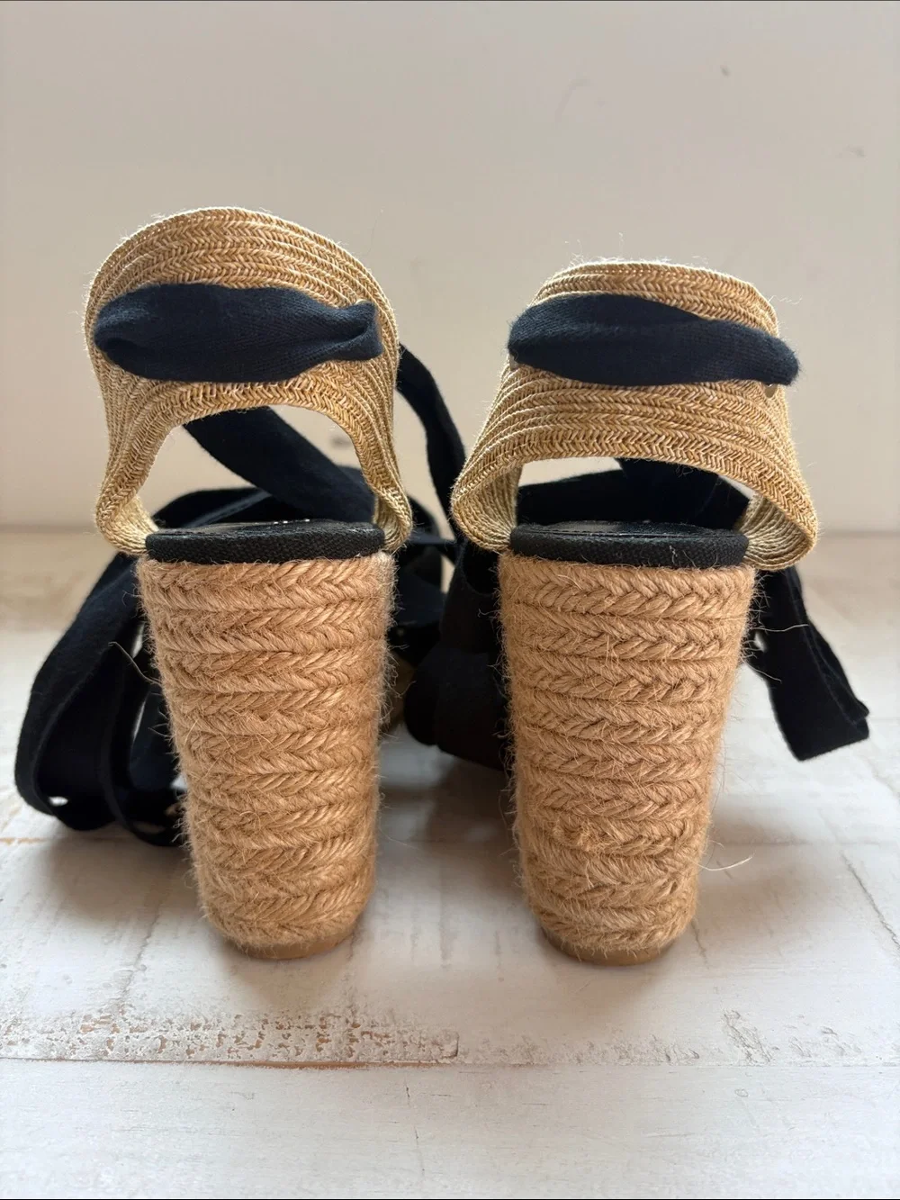 Black Canvas Espadrille Wedge Wrap-Ankle Sandals
